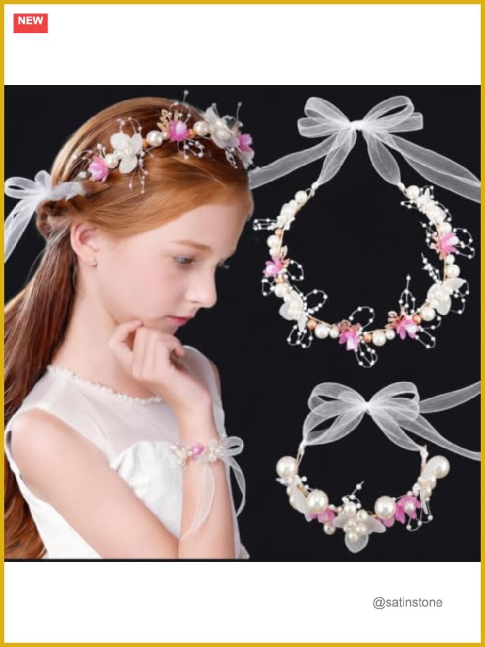 2 Pc Flower Girl Headpiece & Bracelet Set Pearl Rhinestone Hair Accessory